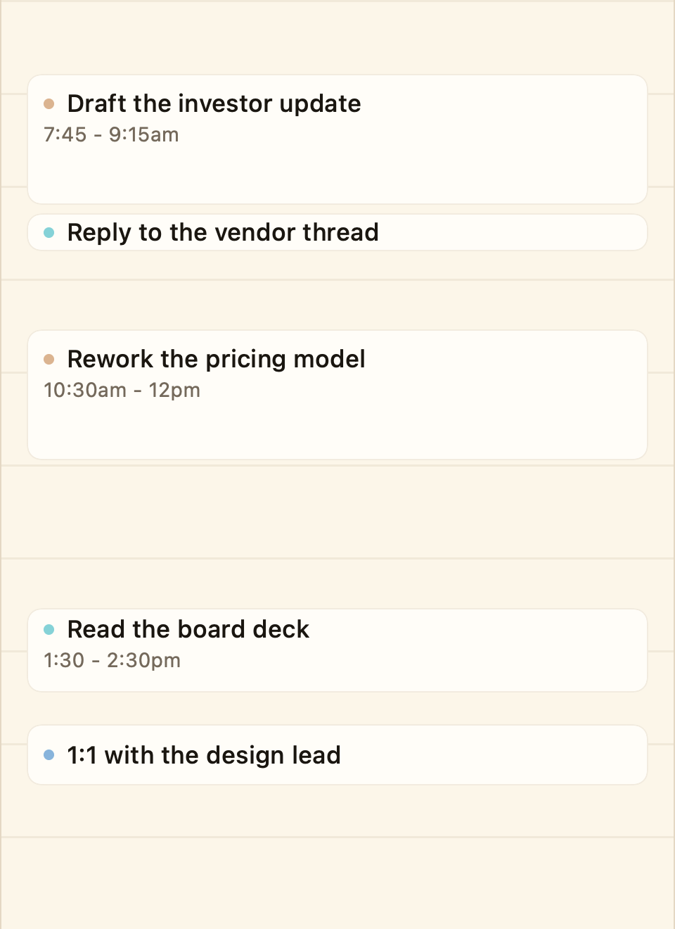 Those five items laid into a working day of timed blocks, 8am to half past three.